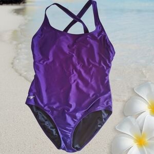 Speedo Cross Back 1-Piece Lined Purple Swimsuit - Sz 16